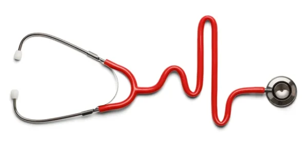A red stethoscope making laid out to look like an ekg reading