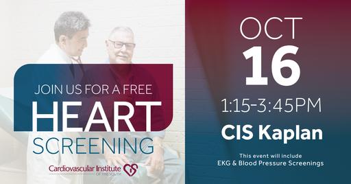 October 16: Free heart screening event at the Cardiovascular Institute of the South - protect your heart health with EKG and blood pressure screenings.