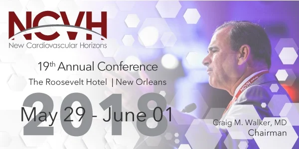 A promotional banner for the "New Cardiovascular Horizons (NCVH) 19th Annual Conference" being held at the Roosevelt Hotel in New Orleans from May 29 to June 1,