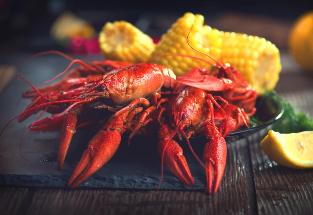 A rustic feast of red boiled crawfish accompanied by fresh lemon slices and corn on a dark wooden table, evoking a heart-healthy seafood dining experience recommended by cardiologists.