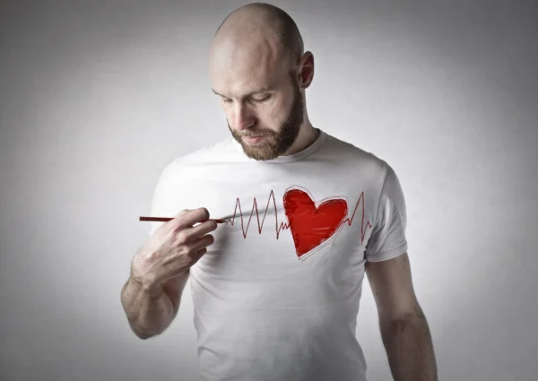 An artistically edited image of a man holding a paintbrush, appearing to 'paint' his heartbeat on his t-shirt which showcases a vibrant red heart with a pulse line indicative of venous disease running