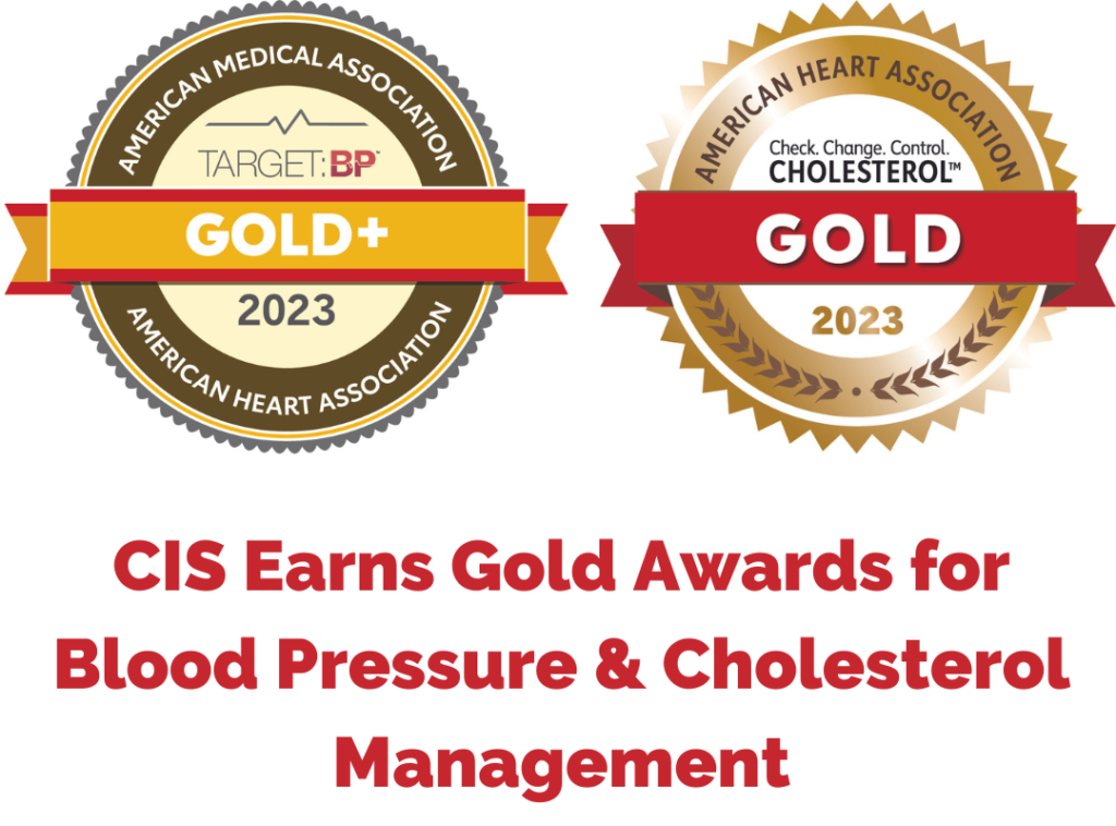 Two gold award seals showcasing recognition for excellence in blood pressure and cholesterol management by the Cardiovascular Institute of the South for the year 2023, awarded by the American Medical Association and the American Heart Association