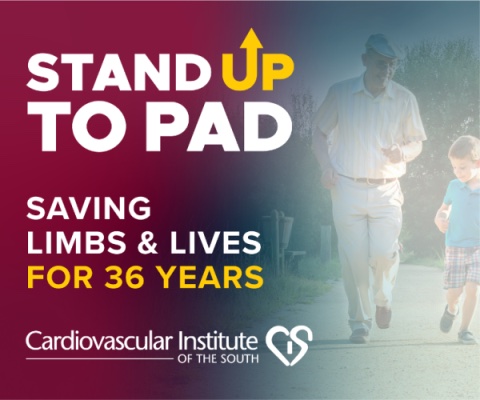 An advertisement for the Cardiovascular Institute of the South promoting awareness and treatment for peripheral artery disease (PAD), highlighting their commitment to saving limbs and lives for 36 years, featuring an older adult and a