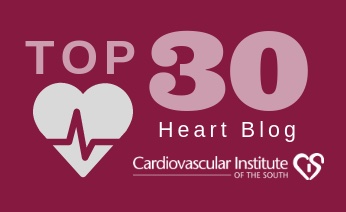 Recognition badge for a top 30 heart blog by the cardiology institute of the south, featuring a heart symbol with an electrocardiogram waveform.
