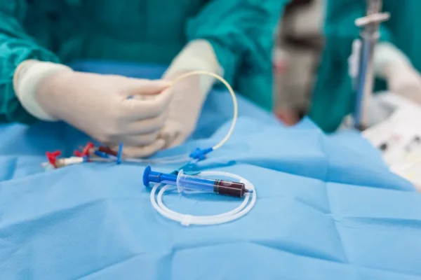 A cardiologist prepares an iv catheter with a tube connected to it on a sterile blue drape in a medical setting.