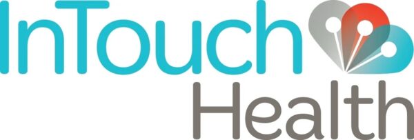 Logo of intouch health, featuring stylized text and graphic elements suggesting connectivity and cardiologist care.