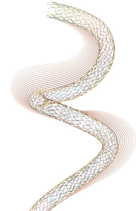 A digitally generated image of a wavy ribbon-like structure with a pattern resembling a wire mesh, rendered in soft gold and pink hues, creating an elegant abstract helix.