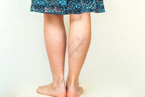 A person standing barefoot showing visible varicose veins, a symptom of venous disease, on their lower legs.