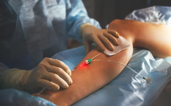 A healthcare professional performs a venipuncture procedure at the Cardiovascular Institute of the South, inserting a needle connected to a translucent tube into a patient's arm for the purpose of drawing blood or administering fluids