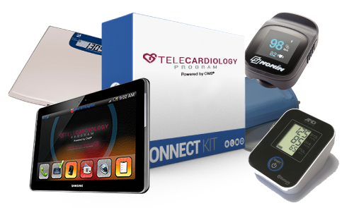 A telecardiology connect kit with various medical devices, including a tablet with an ECG app, pulse oximeters, and packaged equipment boxes for heart health monitoring.