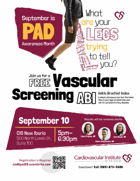 Flyer for free vascular screening event on September 10 from 5–6:30pm, hosted by Cardiovascular Institute of the South in New Iberia.