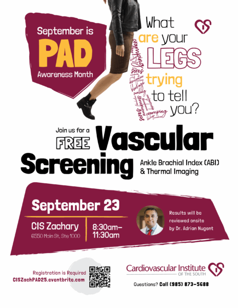 Flyer for PAD Awareness Month promoting a free vascular screening event on September 23 from 8:30-11:30am at CIS Zachary.