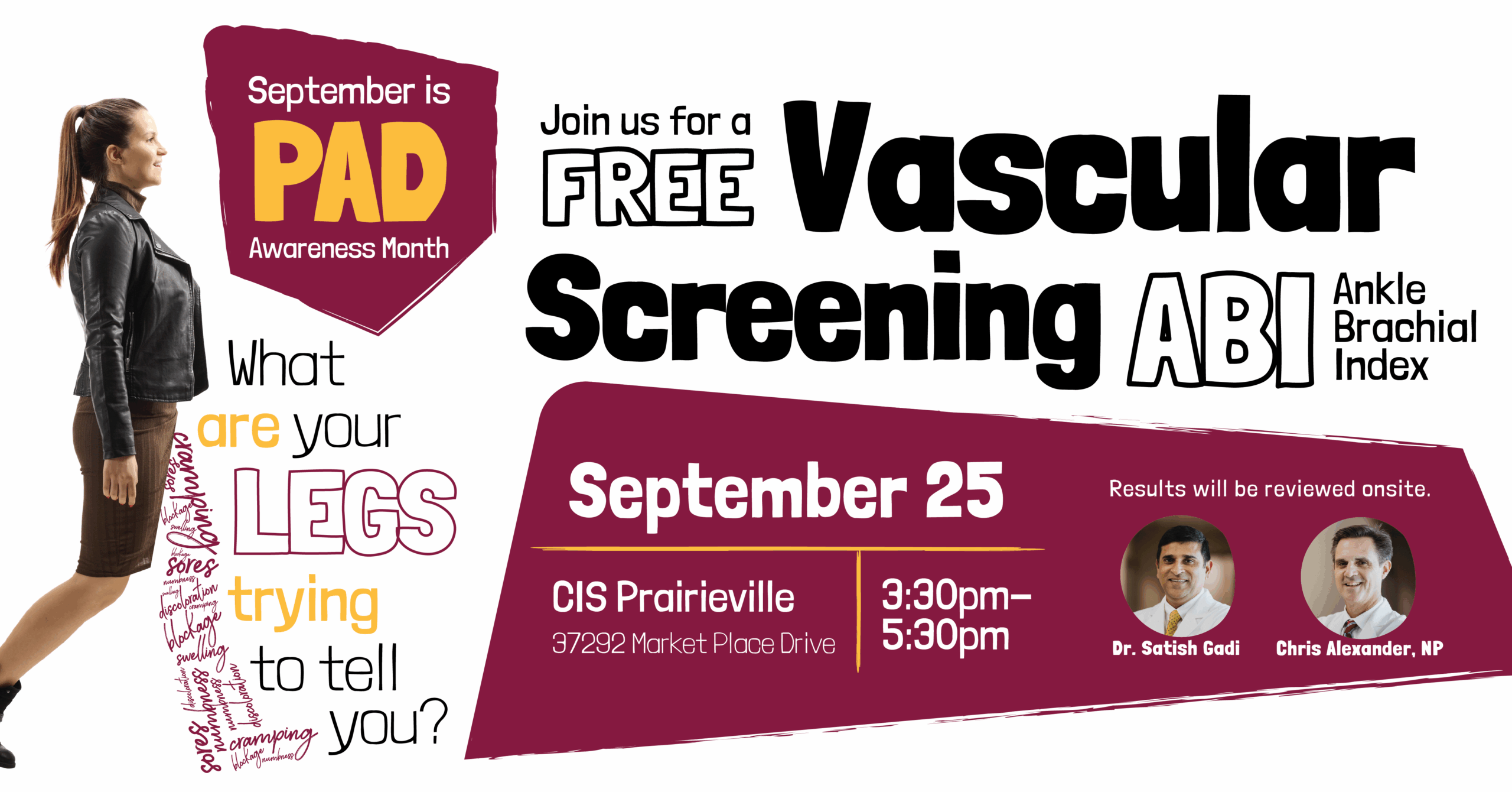 A flyer promotes a free vascular screening event for PAD on September 25 at CIS Prairieville, with photos of two male clinicians.