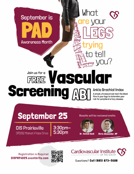 Flyer for PAD Awareness Month promoting free vascular screening event on September 25 in Prairieville, hosted by Cardiovascular Institute of the South.