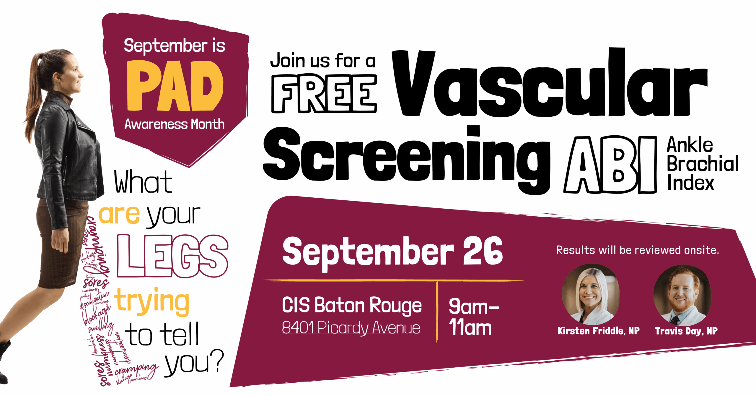 A flyer advertising a free vascular screening event for PAD Awareness Month on September 26, 9–11am, at CIS Baton Rouge.