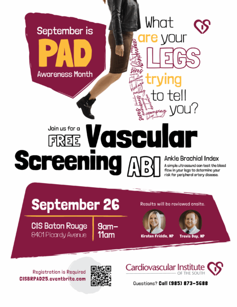 Flyer advertising a free vascular screening event for PAD Awareness Month on September 26 at CIS Baton Rouge from 9-11 am.
