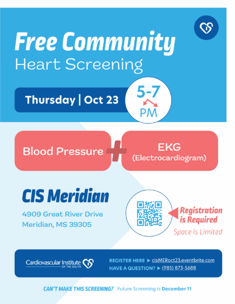 Flyer for a free community heart screening on October 23, including blood pressure and EKG tests, at CIS Meridian, Meridian, MS.