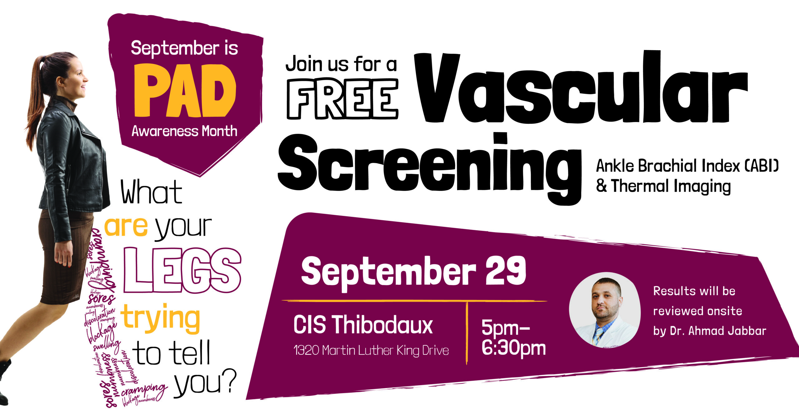 A flyer advertising free vascular screening for PAD Awareness Month on September 29 at CIS Thibodaux with results reviewed by Dr. Ahmad Jabbar.