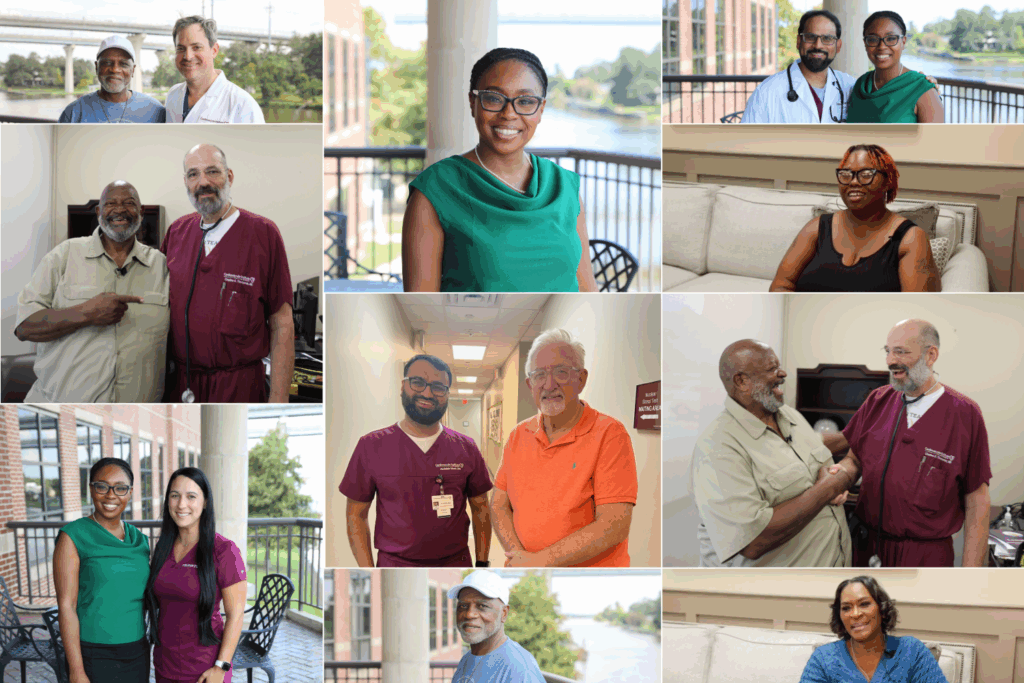 A collage of doctors, nurses, and patients posing together and smiling in various indoor and outdoor settings at a medical facility.